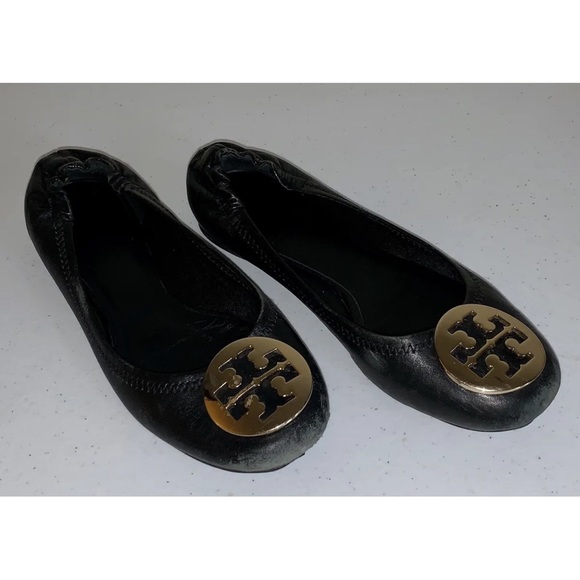 Tory Burch Reva Ballet Flats Size 6.5 Black Leather Upper - Picture 1 of 9